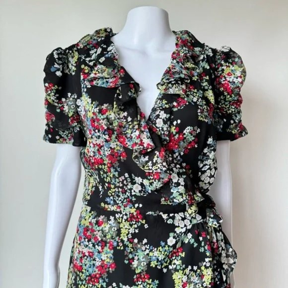 MISS Sixty Vintage Wrap Boho Floral Mini Dress Medium flirty ruffled puff sleeve - Picture 3 of 8